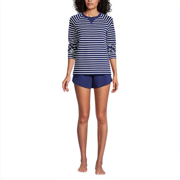 LANDSEND Women's Plus Waffle Pajama Set Long Sleeve T-Shirt and Shorts Cotton - Picture 3 of 5